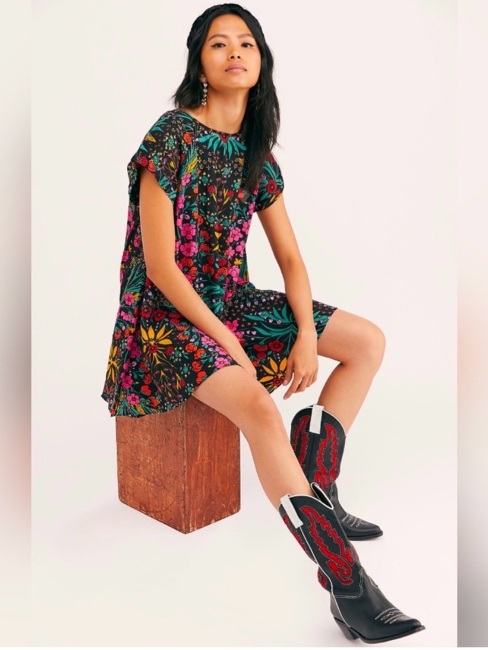 Free People Strawberry Fields Black Multi-Color Floral Mini Dress - Picture 4 of 6